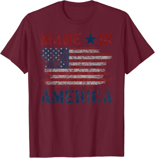 Made In America With US Flag Design For USA Independence Day T-Shirt - T-Shirt | Maroon