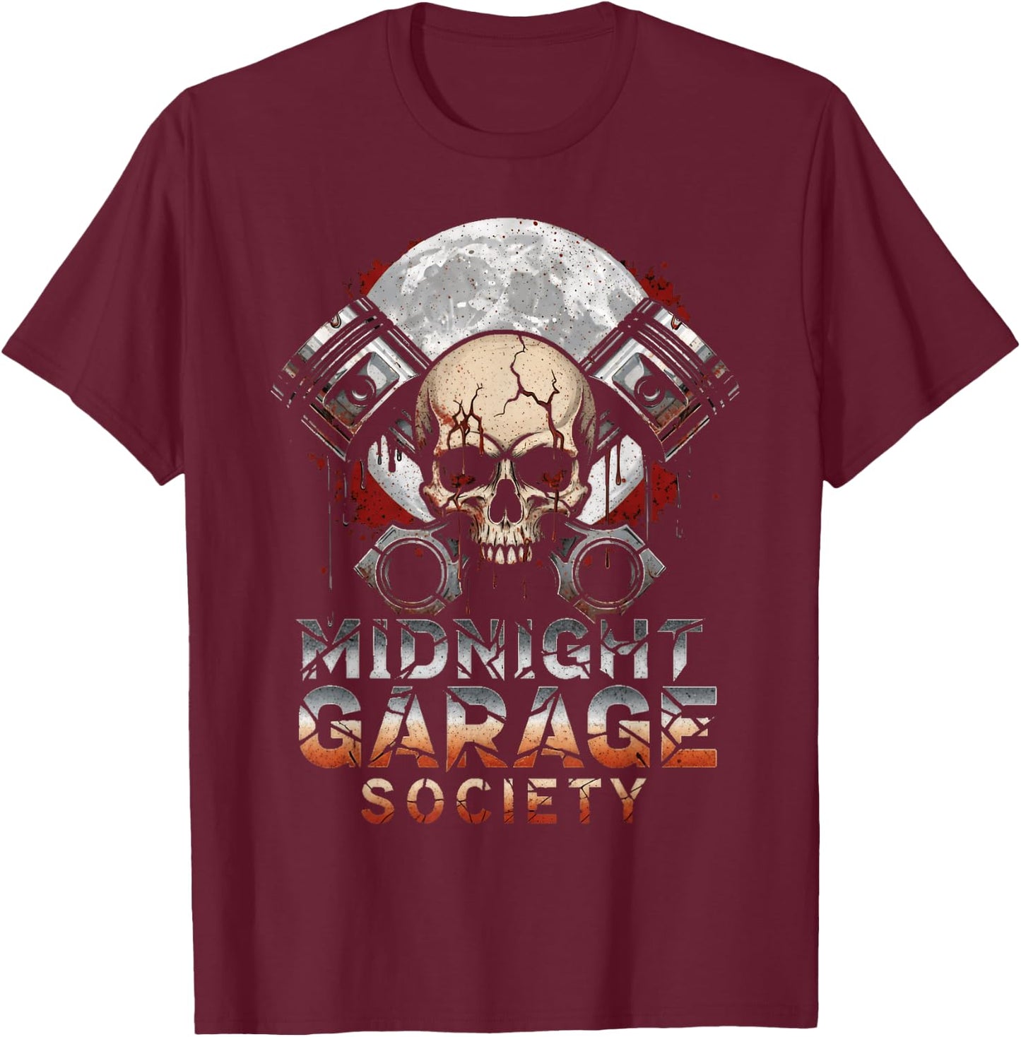 Midnight Garage Society Skull Piston Night Builder Mechanic T-Shirt - T-Shirt | Maroon