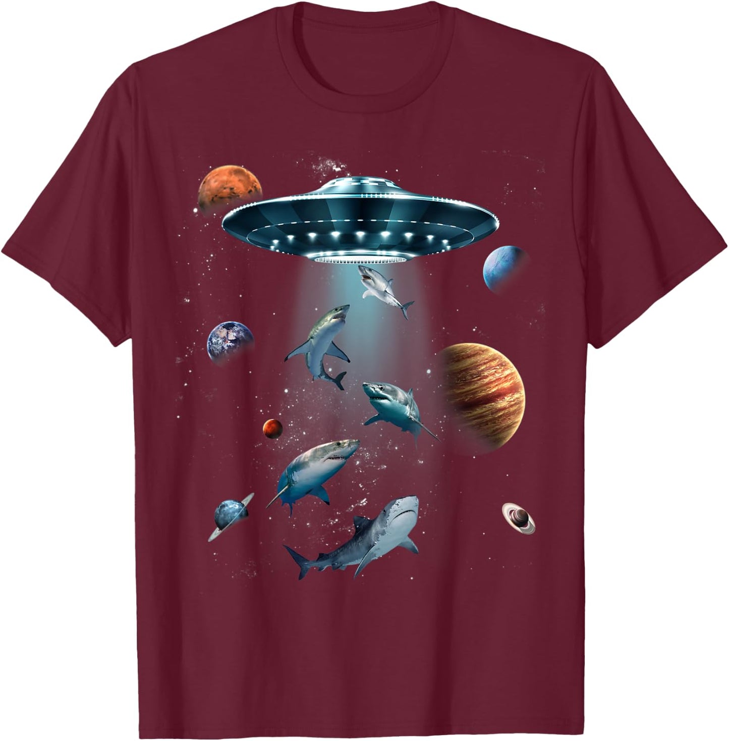 Galaxy Fish shark Space UFO Alien Stars Sea Ocean Sharks T-Shirt - T-Shirt | Maroon