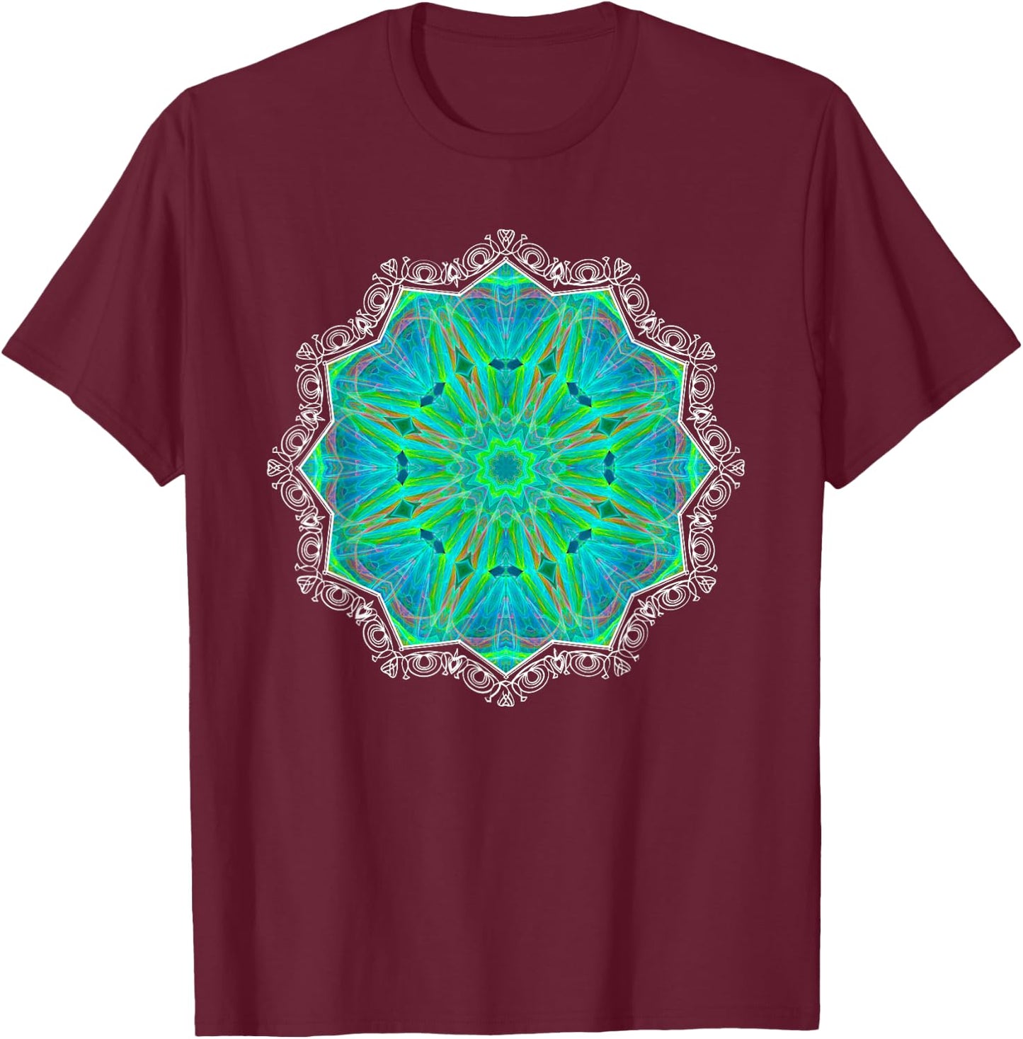 Green Kaleidoscope-art Mandala Geometry Gaia Yoga Mantra T-Shirt - T-Shirt | Maroon