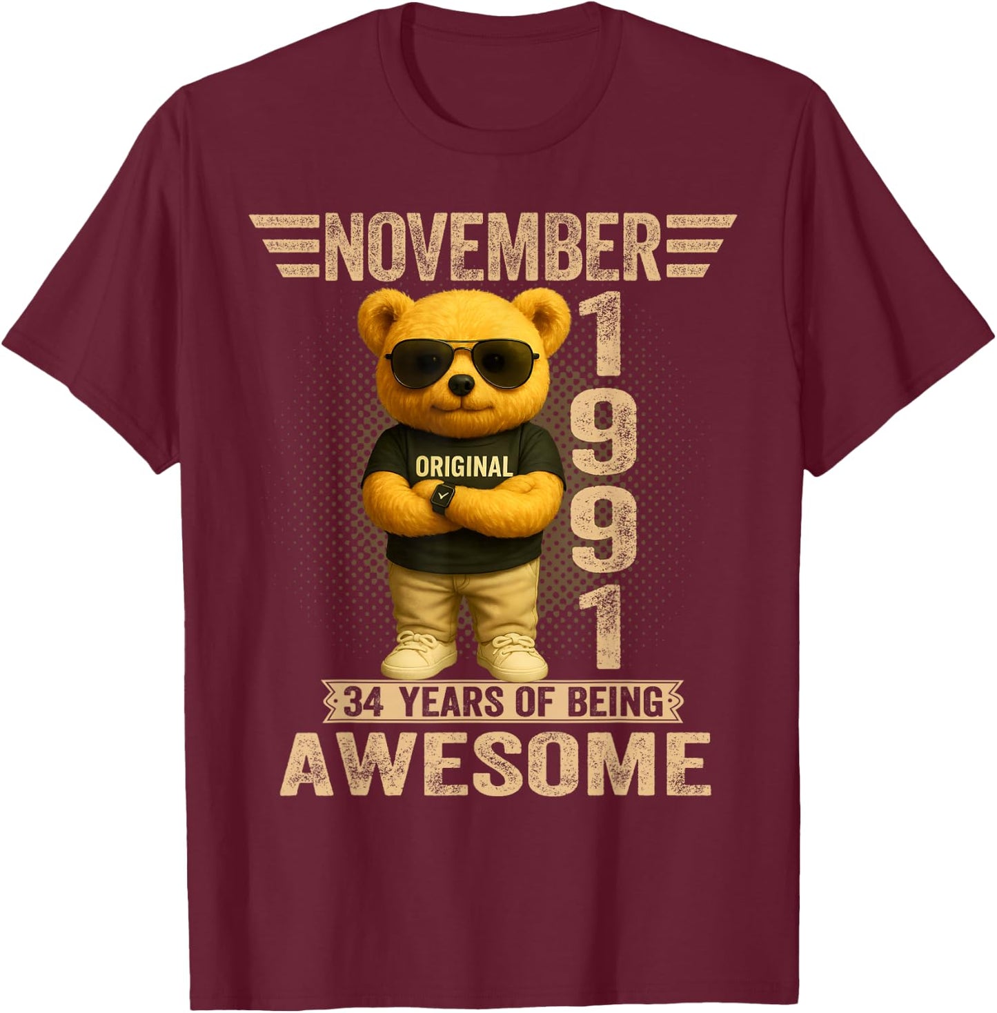 34 Year Old November 1991 Teddy Bear 34th Birthday Men Women T-Shirt - T-Shirt | Maroon