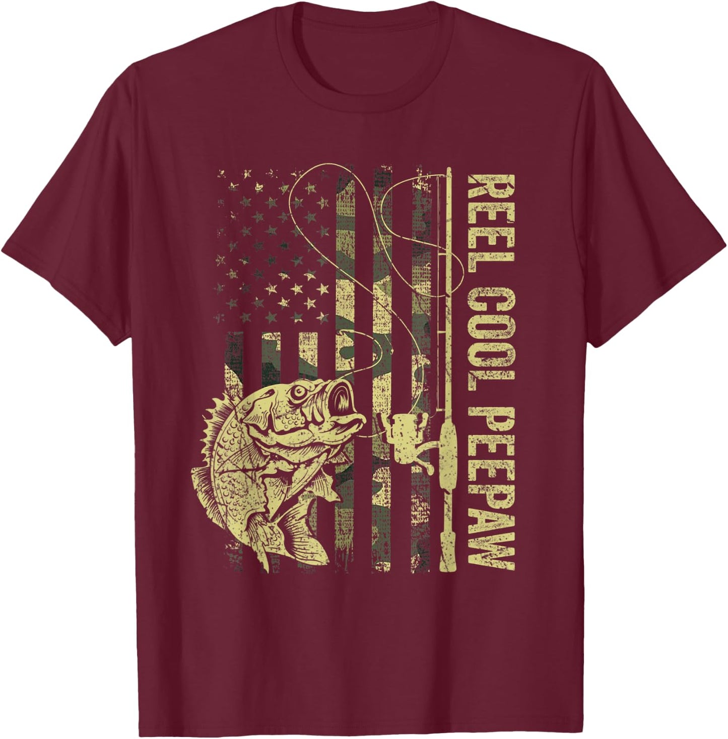 Reel Cool Peepaw Camouflage American Flag Fathers Day T-Shirt - T-Shirt | Maroon