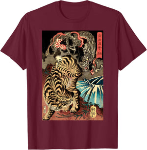 Retro Vintage Dragon Fighting The Giant Tiger Japanese Small T-Shirt - T-Shirt | Maroon