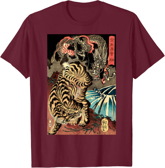 Retro Vintage Dragon Fighting The Giant Tiger Japanese Small T-Shirt - T-Shirt | Maroon