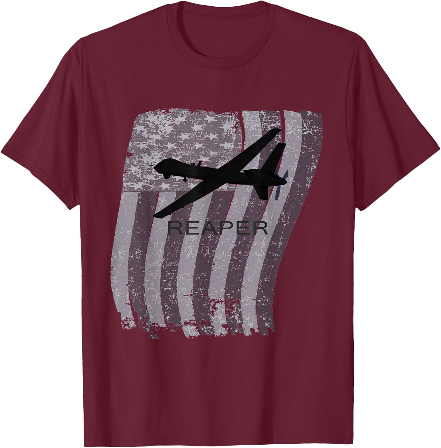 MQ-9 Reaper Drone Plane Distressed US Flag T-Shirt - T-Shirt | Maroon
