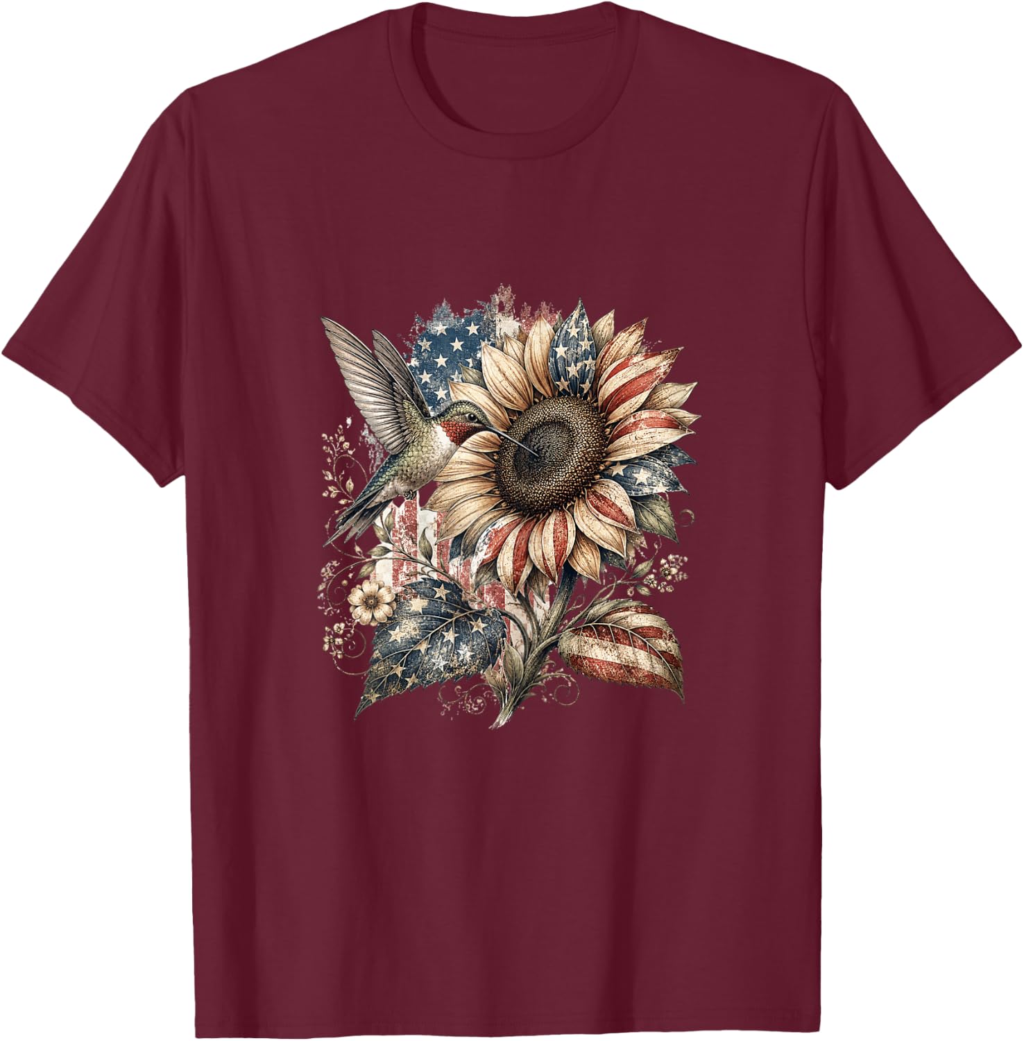 American Flag Sunflower Patriotic 250th Floral Vintage Women T-Shirt - T-Shirt | Maroon