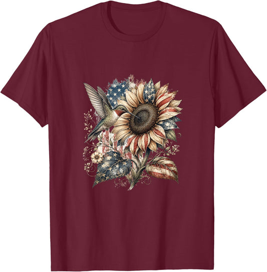 American Flag Sunflower Patriotic 250th Floral Vintage Women T-Shirt - T-Shirt | Maroon