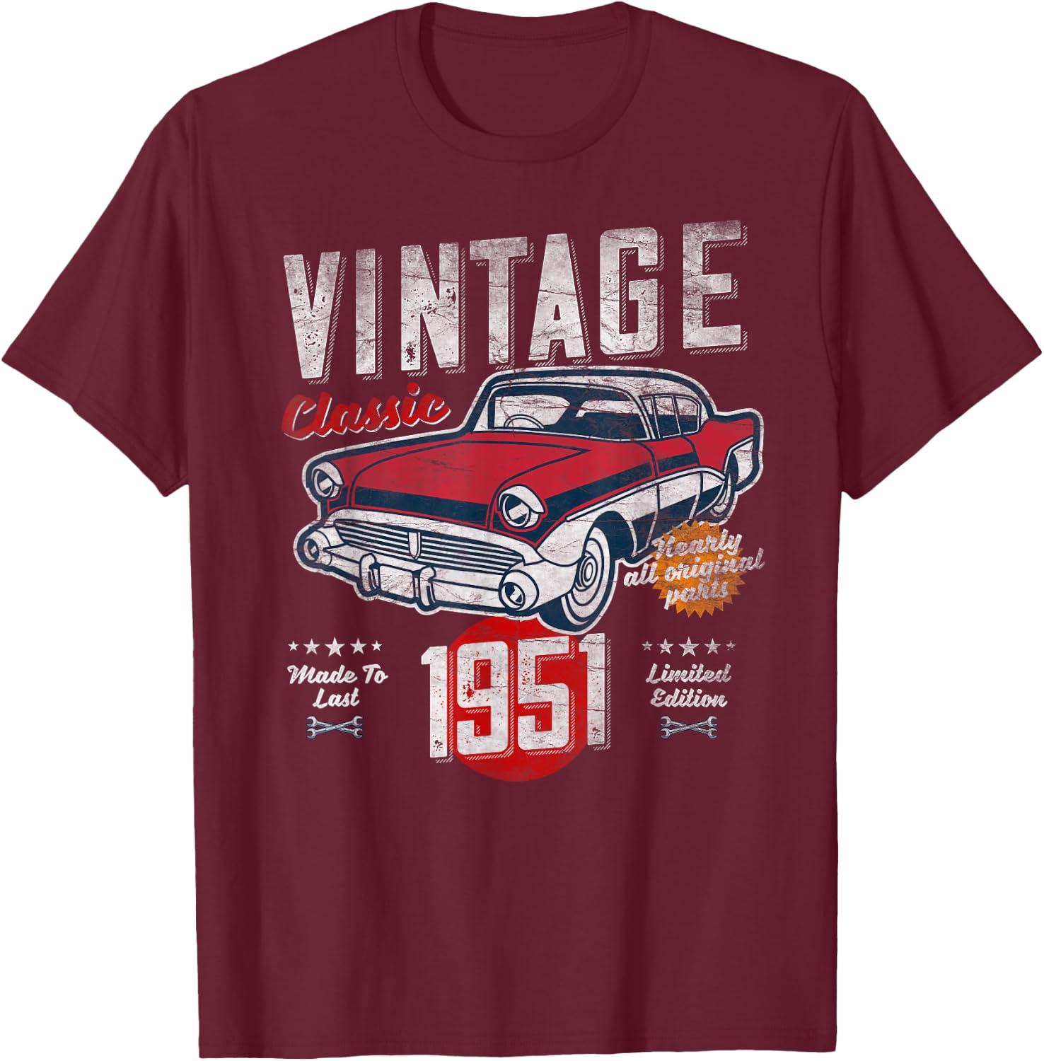 Vintage Born 1951 Birthday 1950s Classic Car T-Shirt - T-Shirt | Maroon
