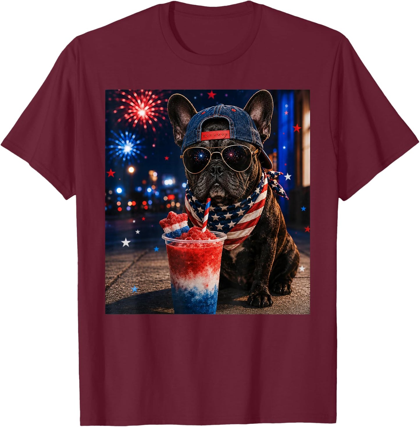 4th of July French Bulldog Red White Blue Slushie T-Shirt - T-Shirt | Maroon