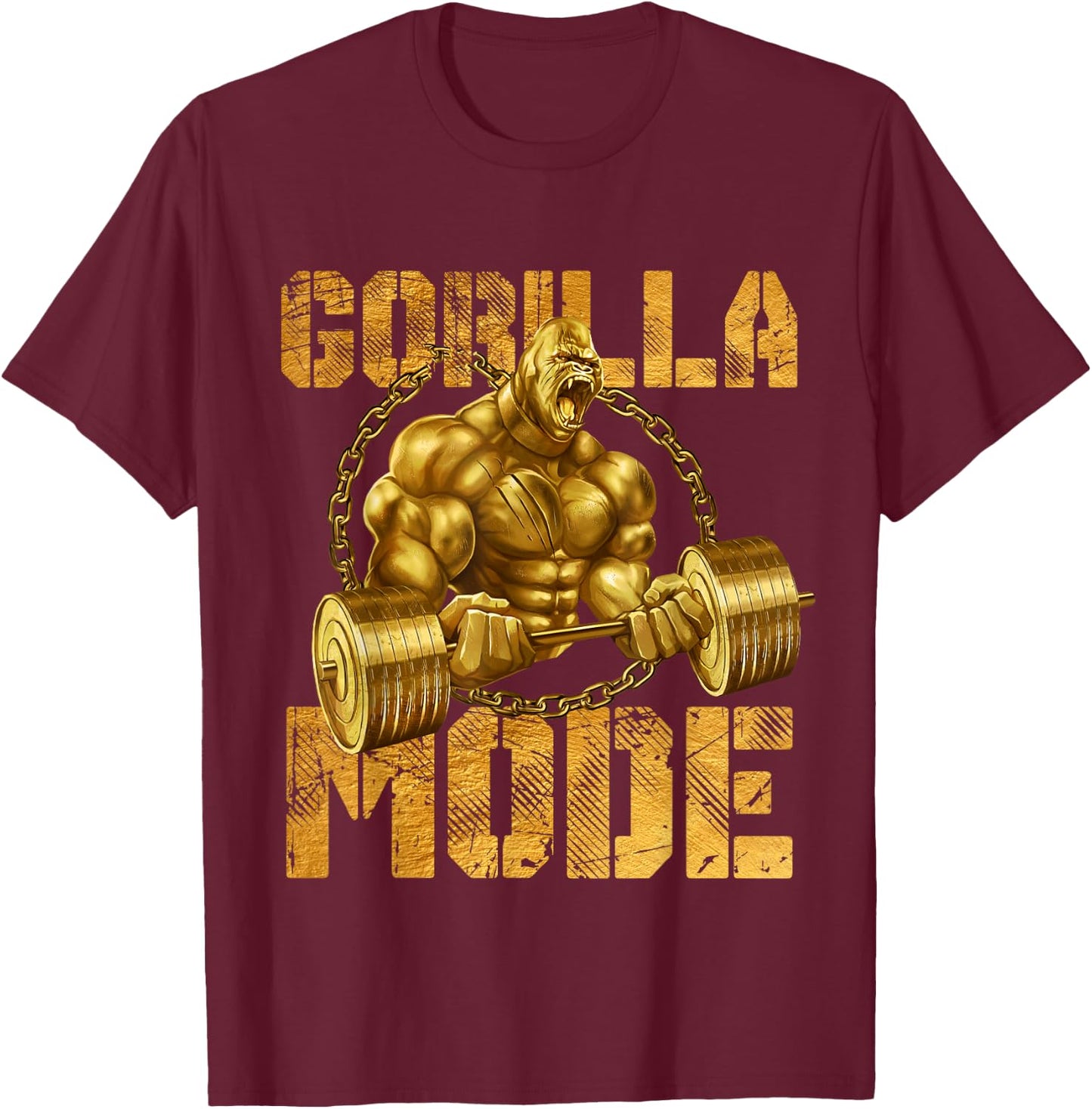 Gorilla Mode Weight Lifting Power Beast Workout Gold Fitness T-Shirt - T-Shirt | Maroon