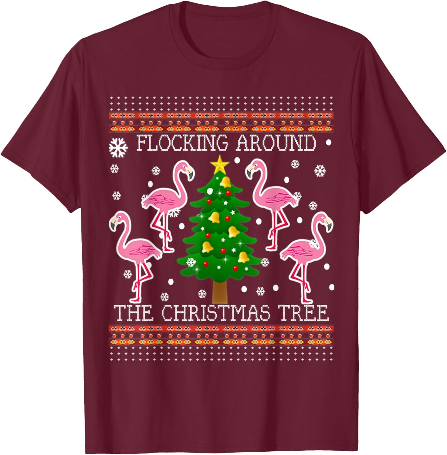 Funny Flamingo Christmas Tree Shirt-Flocking Around T-Shirt - T-Shirt | Maroon