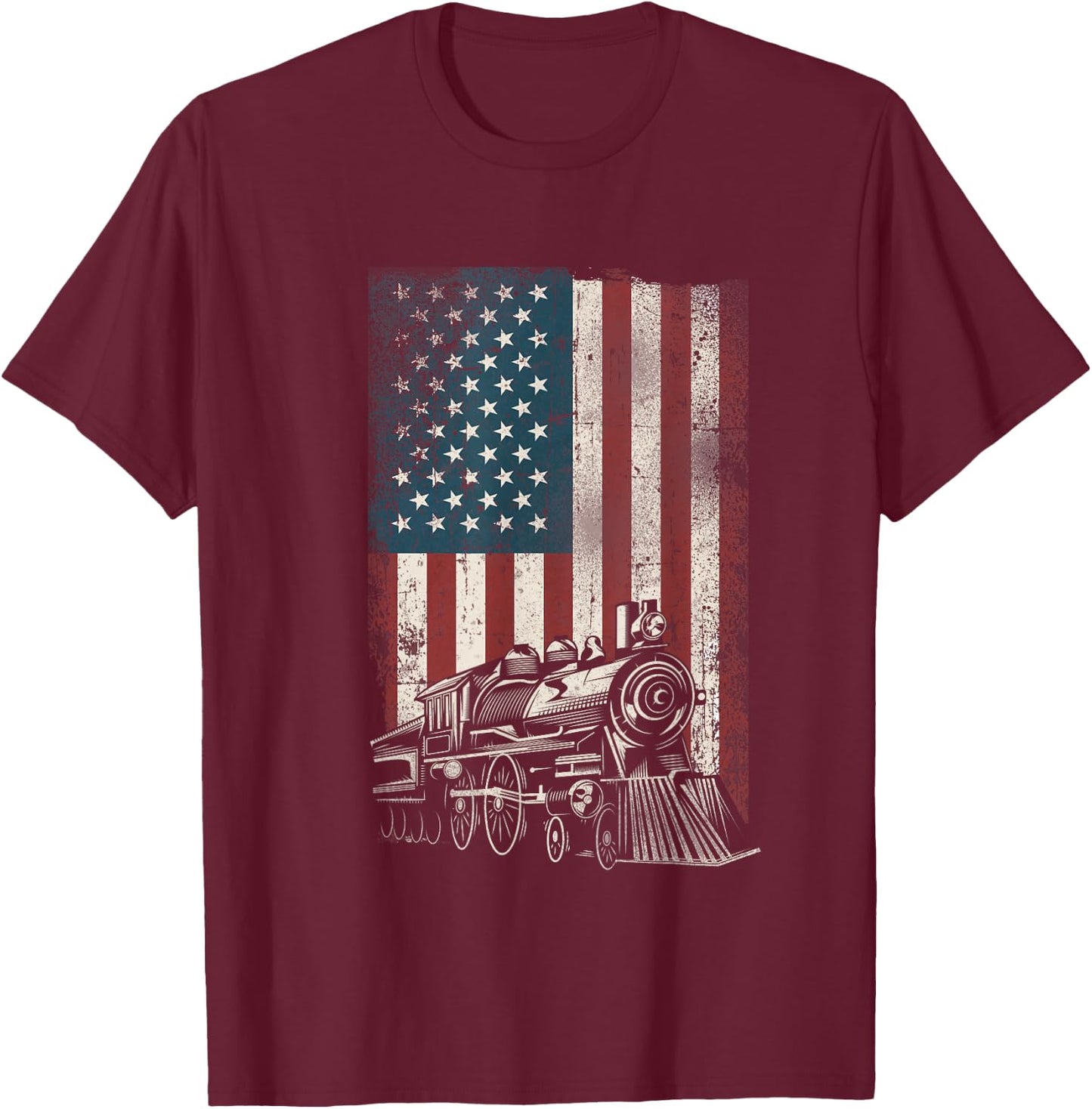 Steam Train Driver Trainspotting Locomotive American Flag T-Shirt - T-Shirt | Maroon