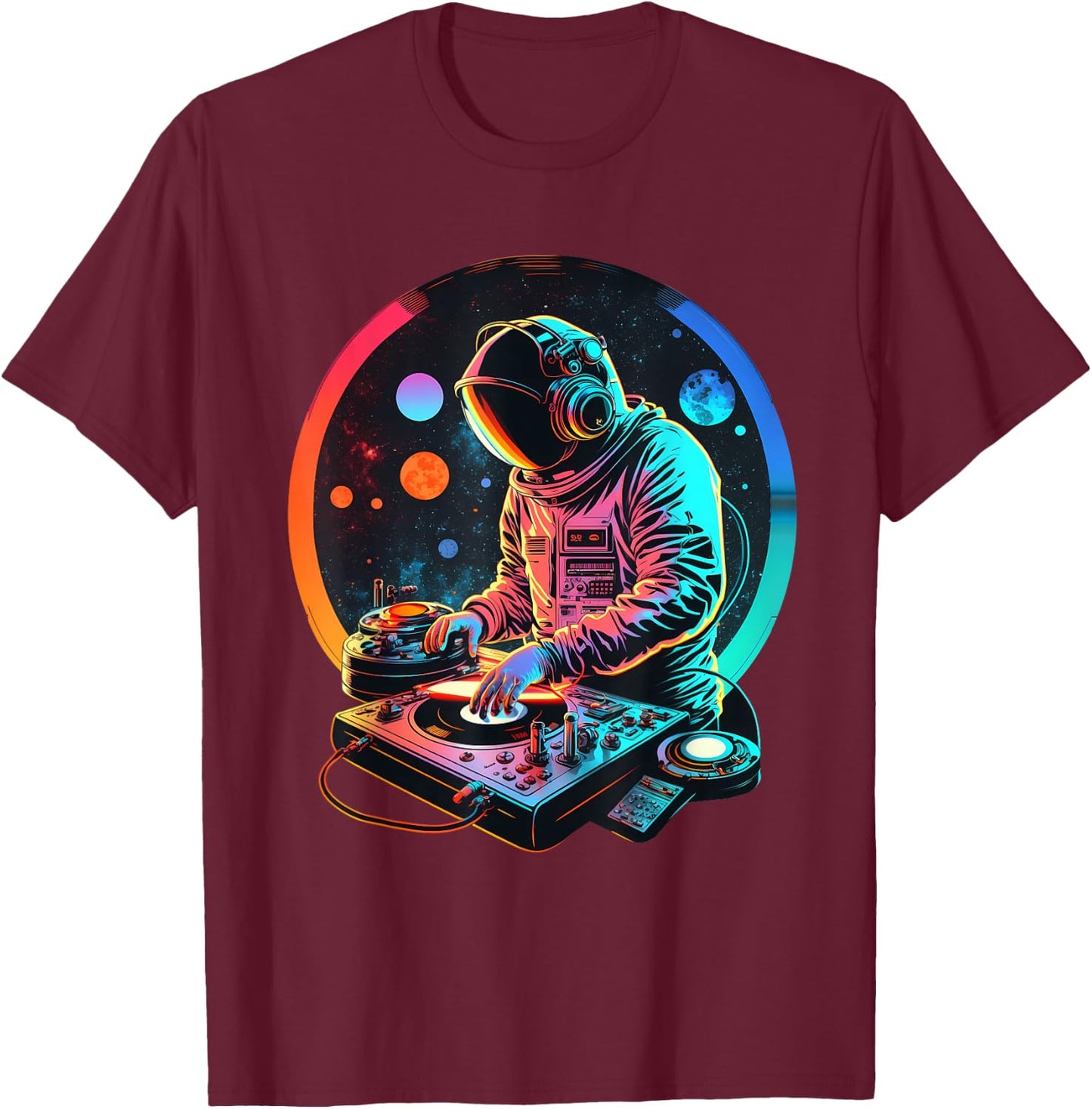 Retro Astronaut DJ, DJing in Space, EDM cool Graphic T-Shirt - T-Shirt | Maroon