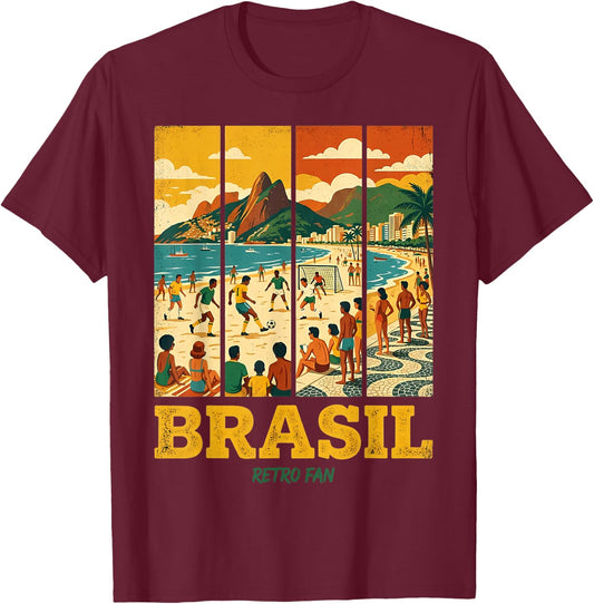 Vintage Brasil Beach Futebol Retro Fan Rio Graphic T-Shirt - T-Shirt | Maroon