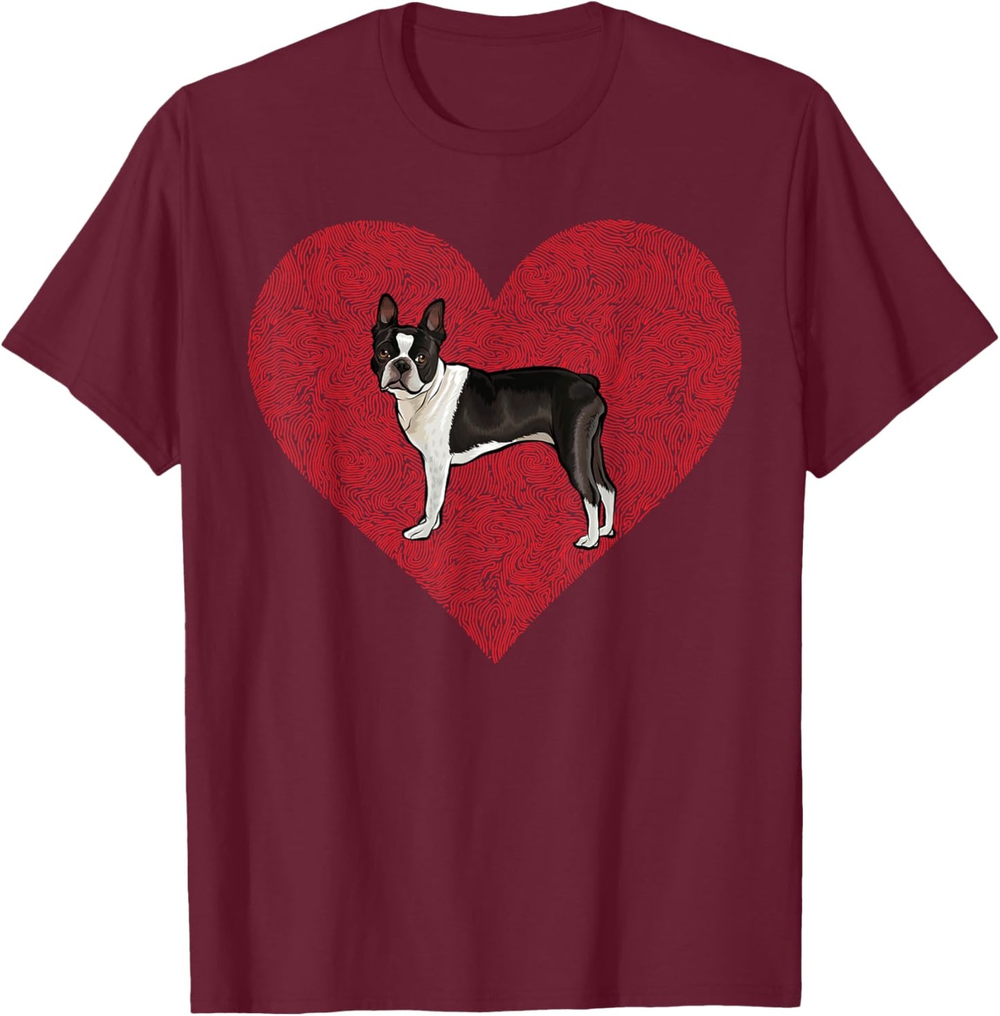 Boston Terrier Valentines Day Dog Love Fingerprint T-Shirt - T-Shirt | Maroon