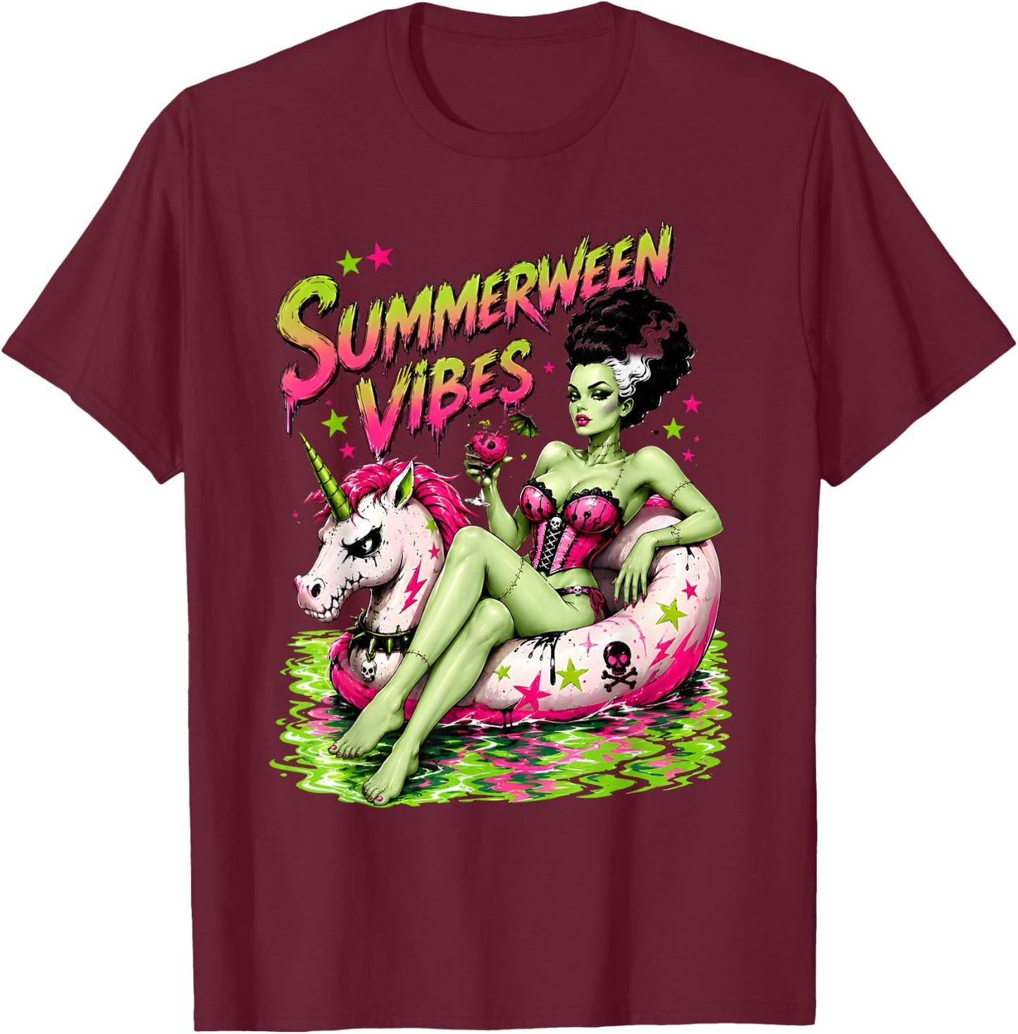Summerween Spooky Summer Ghoul Beach Unicorn Halloween T-Shirt - T-Shirt | Maroon