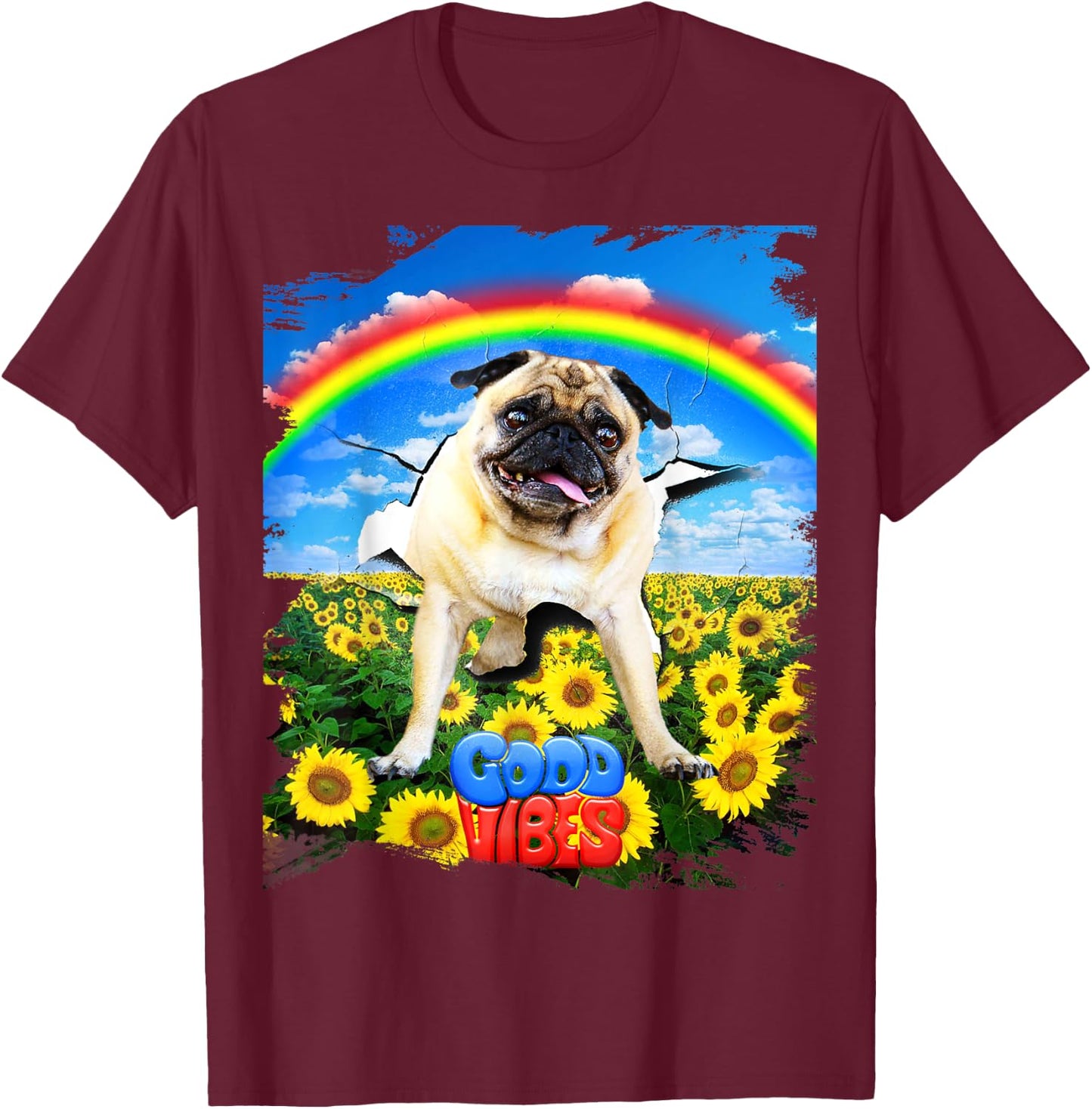 Pug Dog Cracked Wall Good Positive Vibes Rainbow Funny Men Women Kids T-Shirt - T-Shirt | Maroon