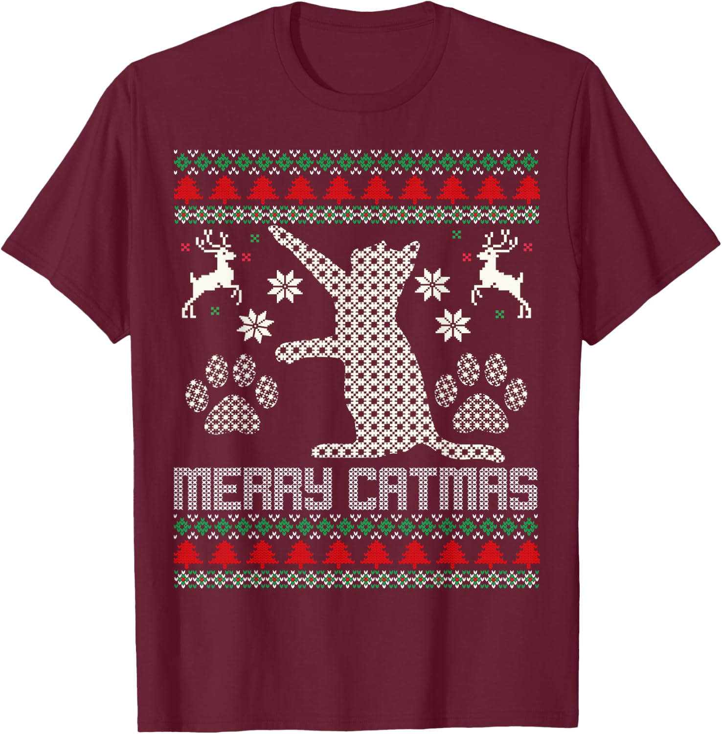 Merry Catmas Funny Cat Christmas Ugly Sweater Men Women Kids T-Shirt - T-Shirt | Maroon