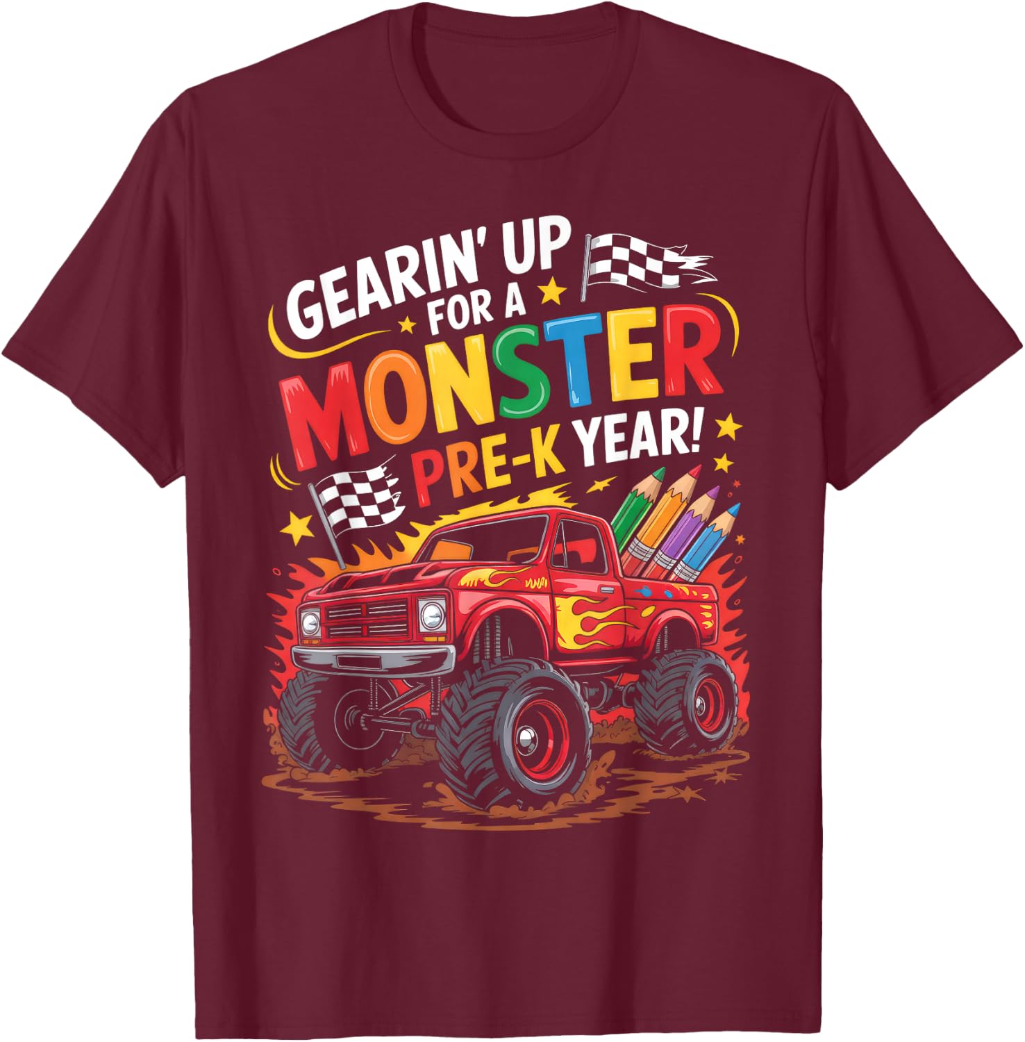 Back to School Preschool Pre-K Monster Truck First Day Boys T-Shirt - T-Shirt | Maroon