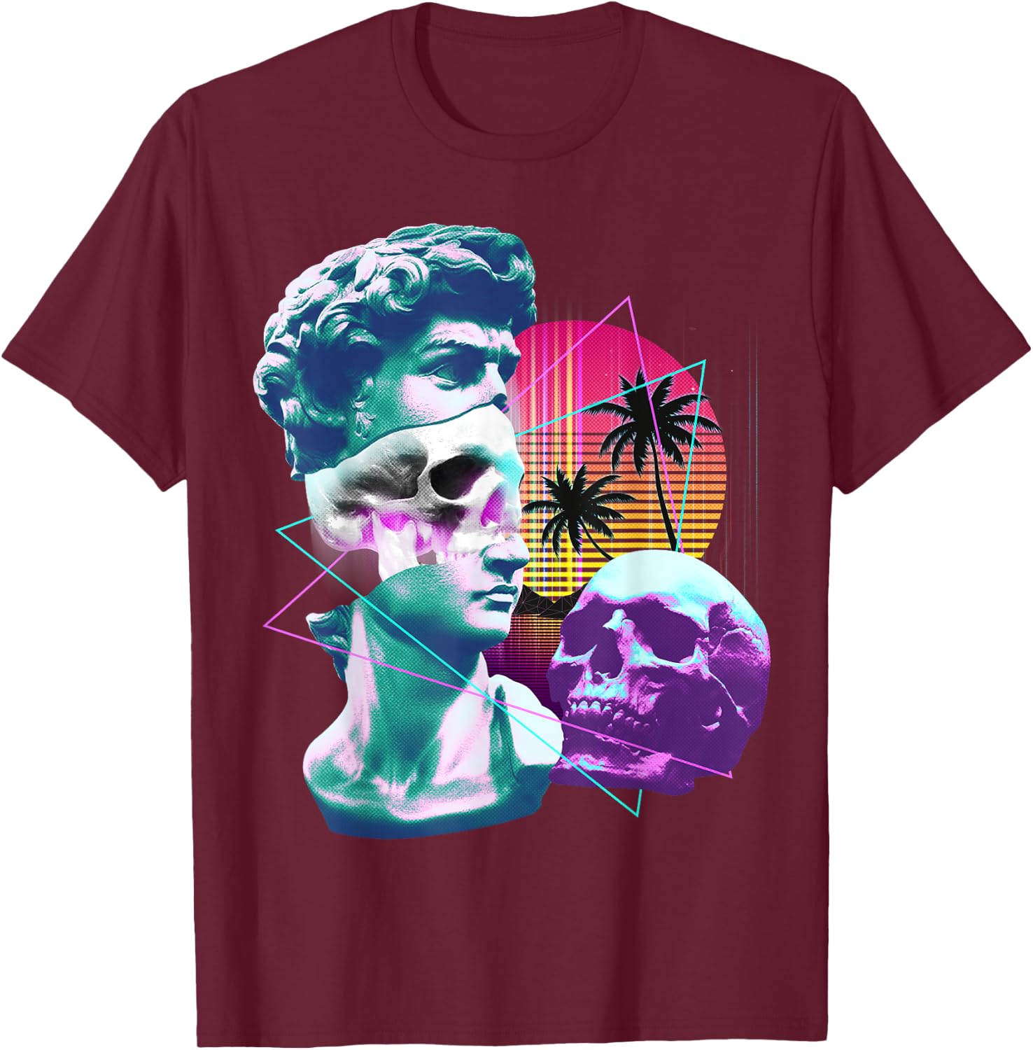 Vaporwave David Bust Statue with Skulls & Palm Tree Art T-Shirt - T-Shirt | Maroon