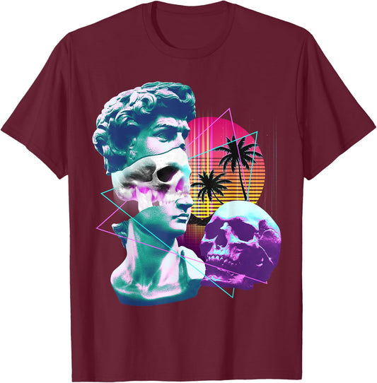 Vaporwave David Bust Statue with Skulls & Palm Tree Art T-Shirt - T-Shirt | Maroon