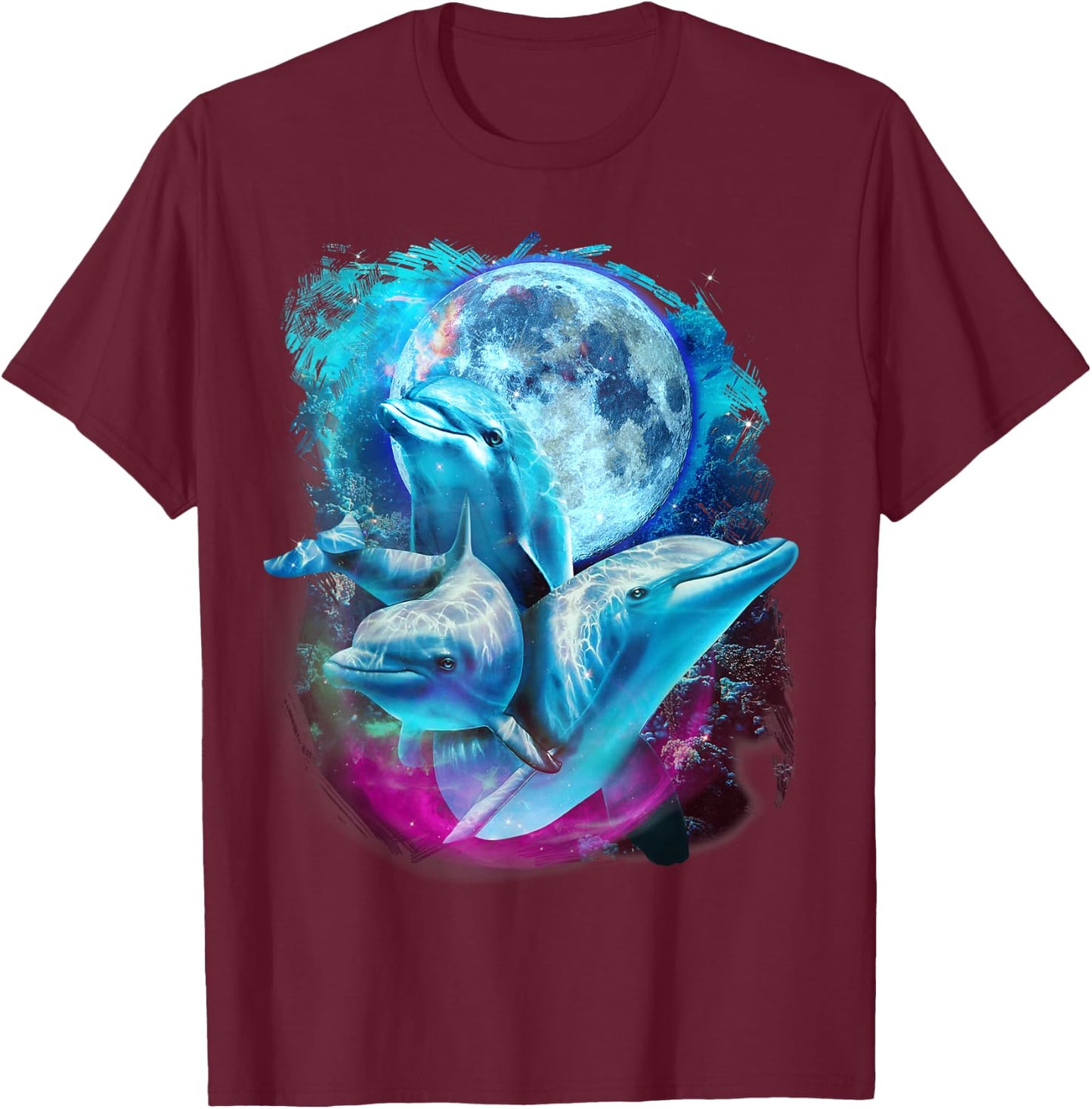 3 Moon Dolphin Funny Sea Creature Bottlenose Fish Art Humor T-Shirt - T-Shirt | Maroon