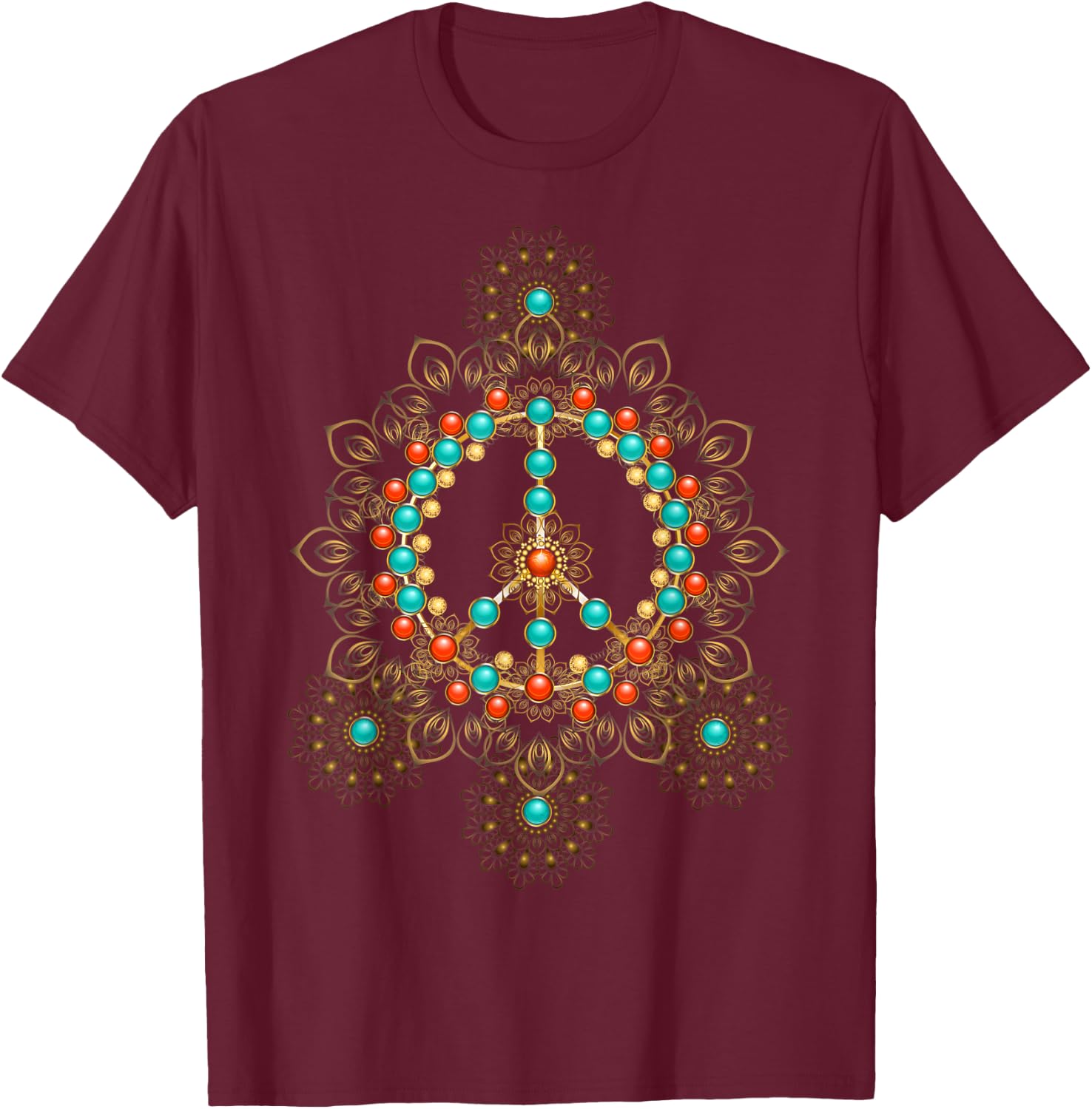 Peace Symbol with Turquoise Pearls T-Shirt - T-Shirt | Maroon