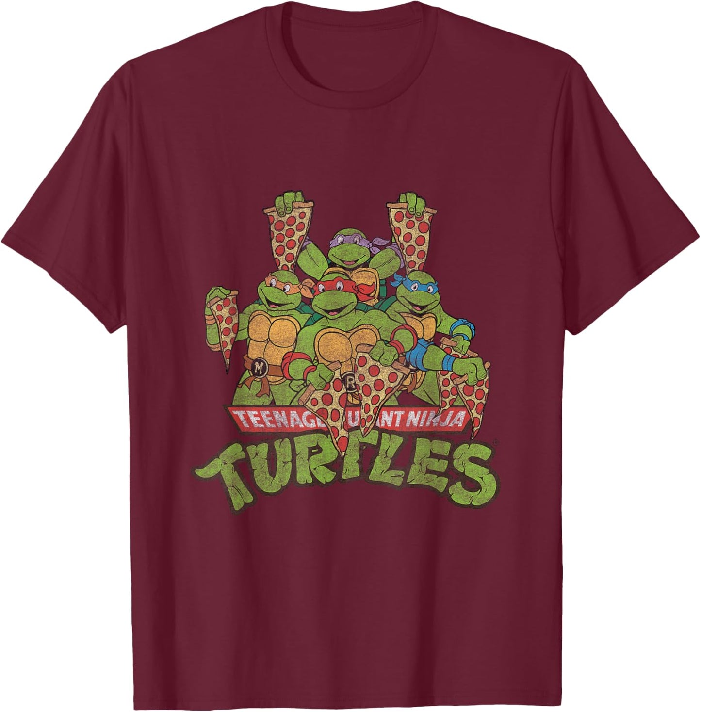 TMNT Ninja Turtles All Characters With Pizzas T-Shirt - T-Shirt | Maroon