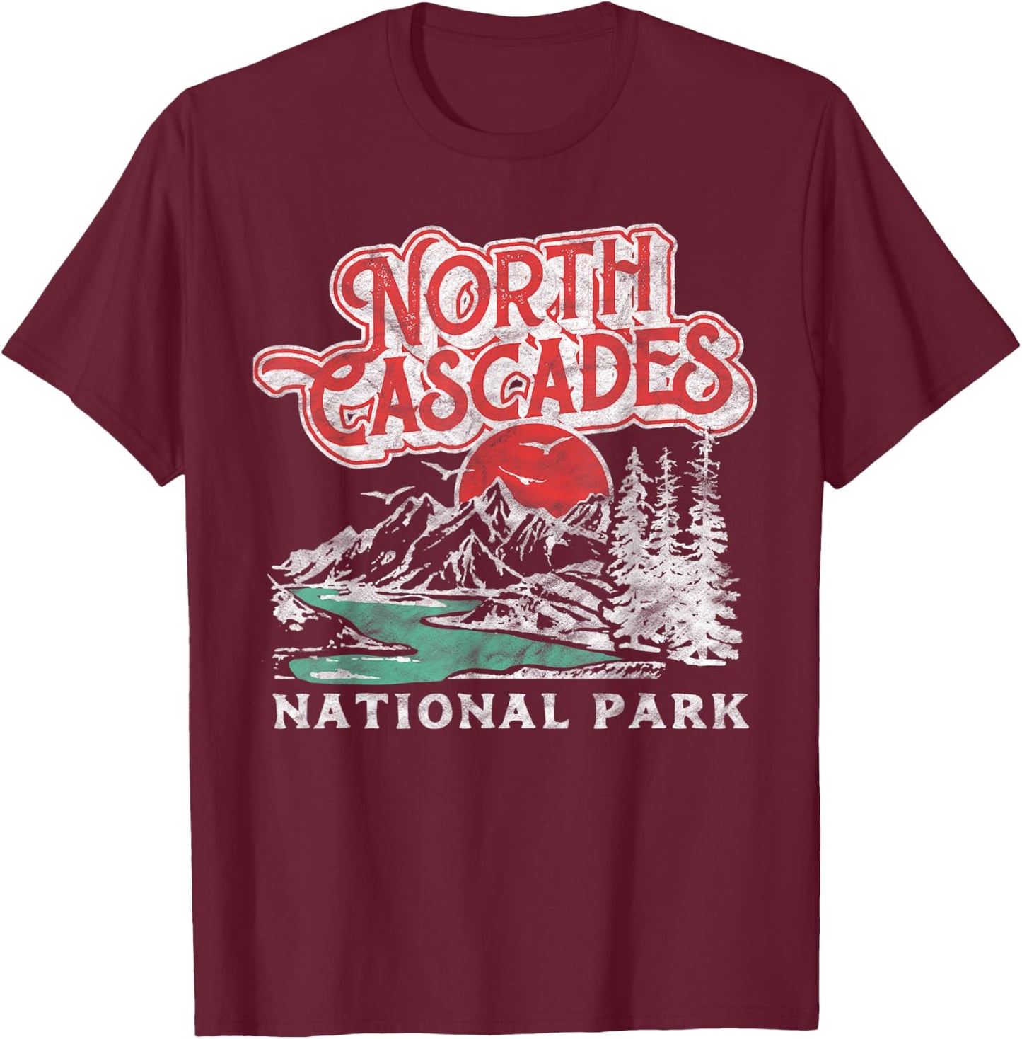 North Cascades National Park Retro 80's Mountains Distressed T-Shirt - T-Shirt | Maroon