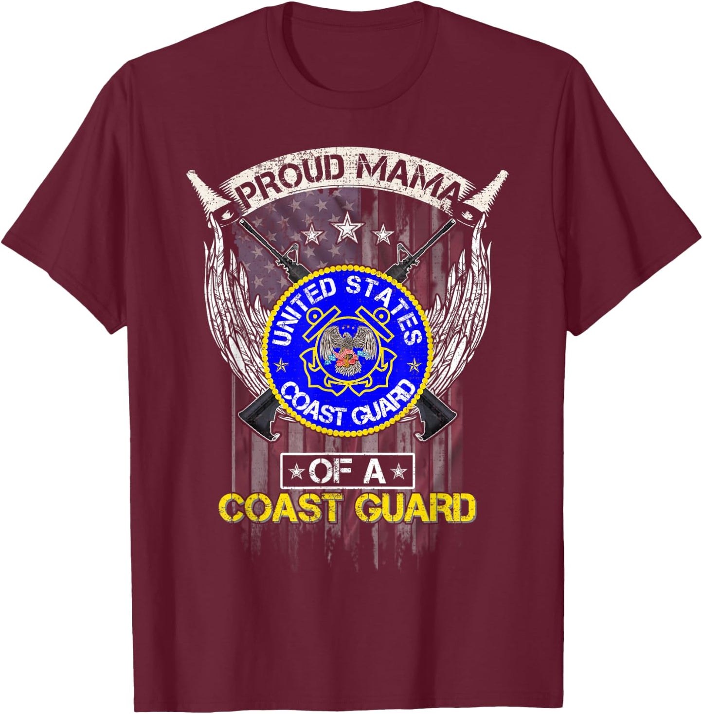Vintage USA American Flag Proud Mama Of A US Coast Guard Men T-Shirt - T-Shirt | Maroon