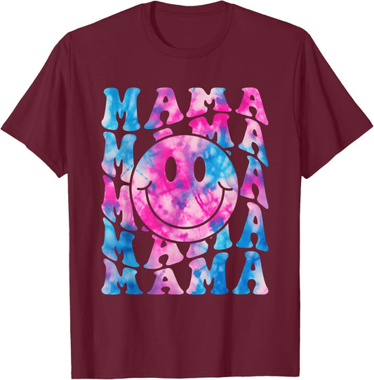 MAMA Tie Dye Retro Happy Face Family Matching Mother's Day T-Shirt - T-Shirt | Maroon