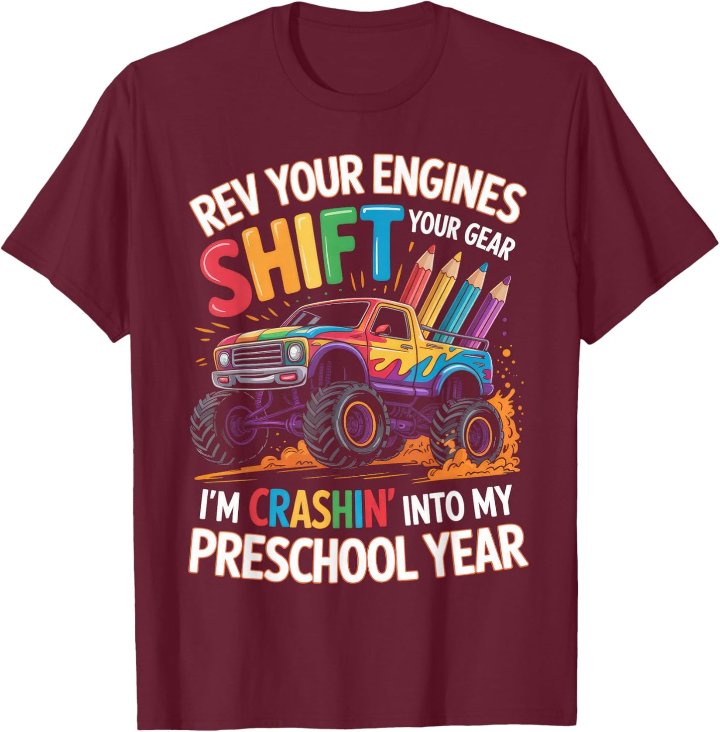 Back to School Pre-K Preschool Monster Truck First Day Boys T-Shirt - T-Shirt | Maroon
