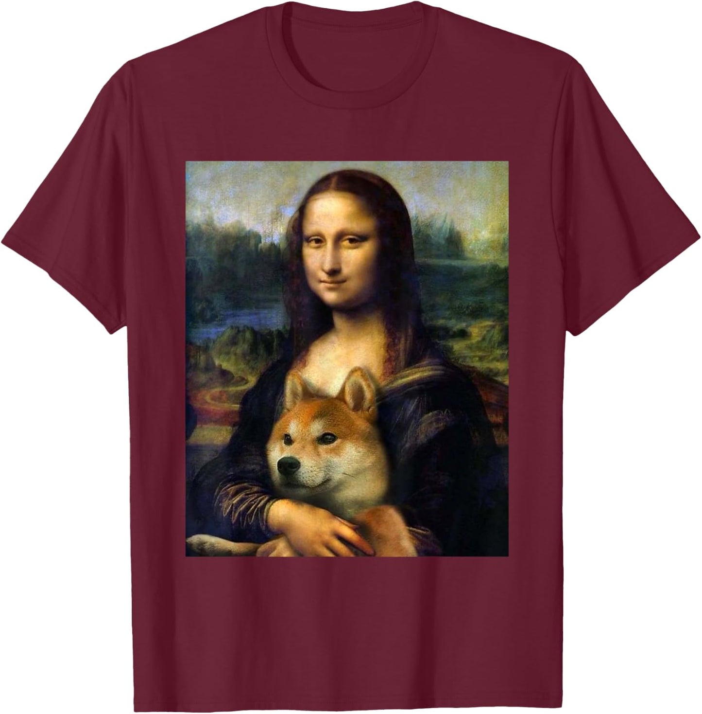 Mona Lisa da Vinci Print Shirt Mona Lisa with Shiba Inu Dog T-Shirt - T-Shirt | Maroon