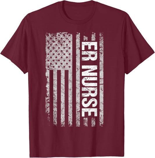 Patriotic Healthcare Worker Shirts and Gifts Classic Distressed Flag for Emergency Room ER Nurses -Adults Black Small T-Shirt - T-Shirt | Maroon