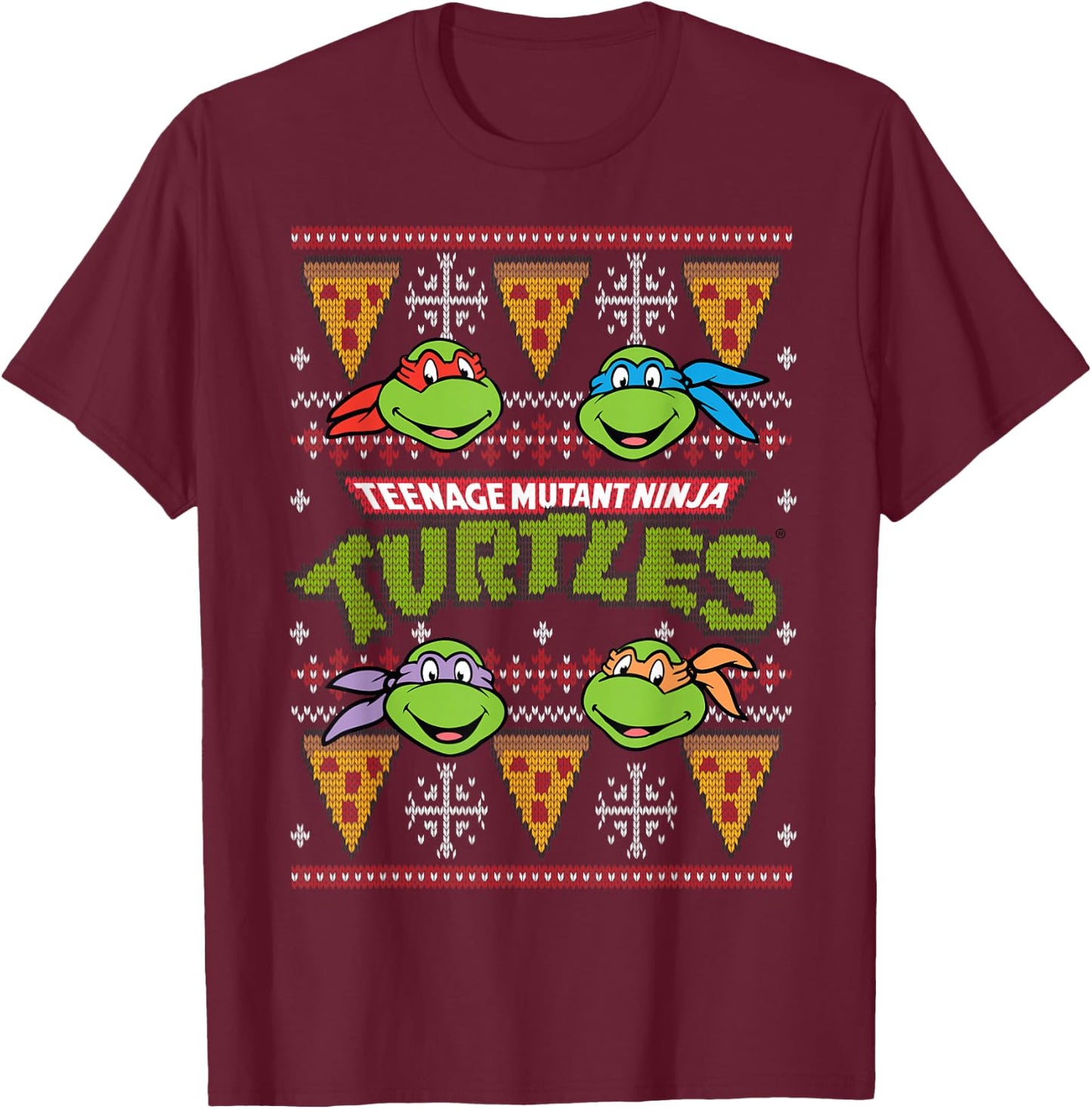 TMNT Ugly Christmas Sweater with Pizza T-Shirt - T-Shirt | Maroon