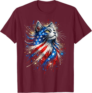 Patriotic Cat USA American Flag Kitty T-Shirt - T-Shirt | Maroon