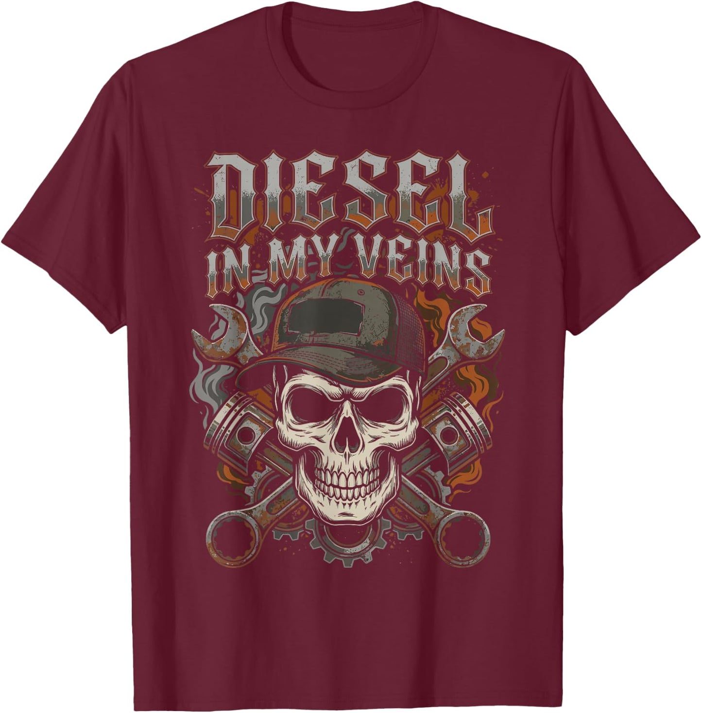 Diesel in My Veins Skull Mechanic Semi Truck Driver Trucker T-Shirt - T-Shirt | Maroon