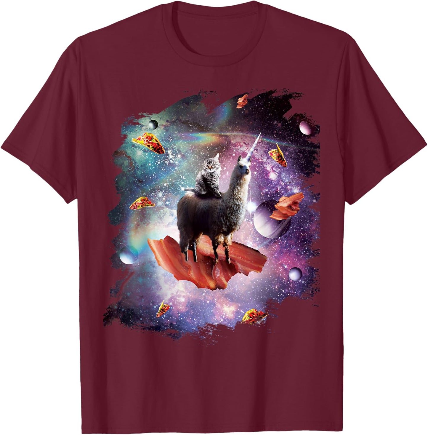 Space Cat Riding Llama Unicorn - Bacon Taco Men Women Girls Kids T-Shirt - T-Shirt | Maroon