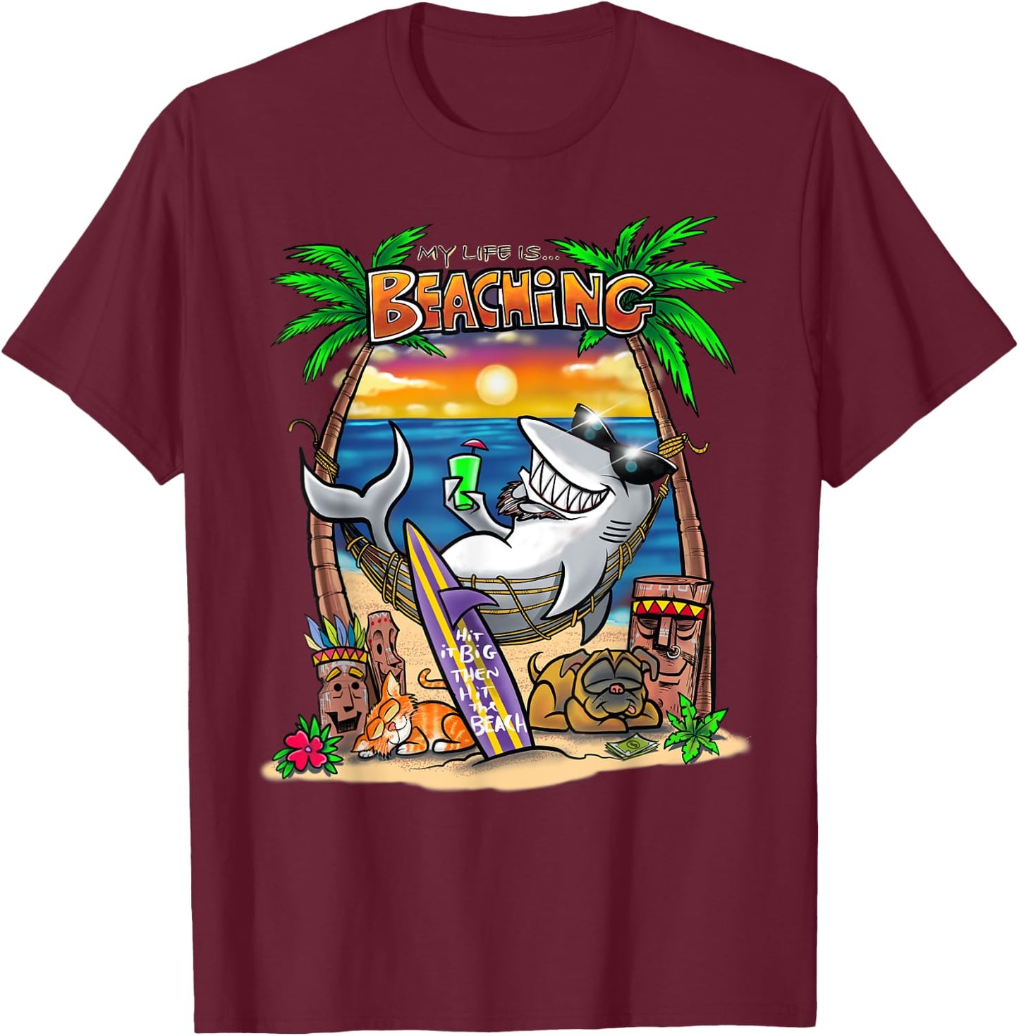 Beach Bum Tiki Shark Surfer T Shirt T-Shirt - T-Shirt | Maroon