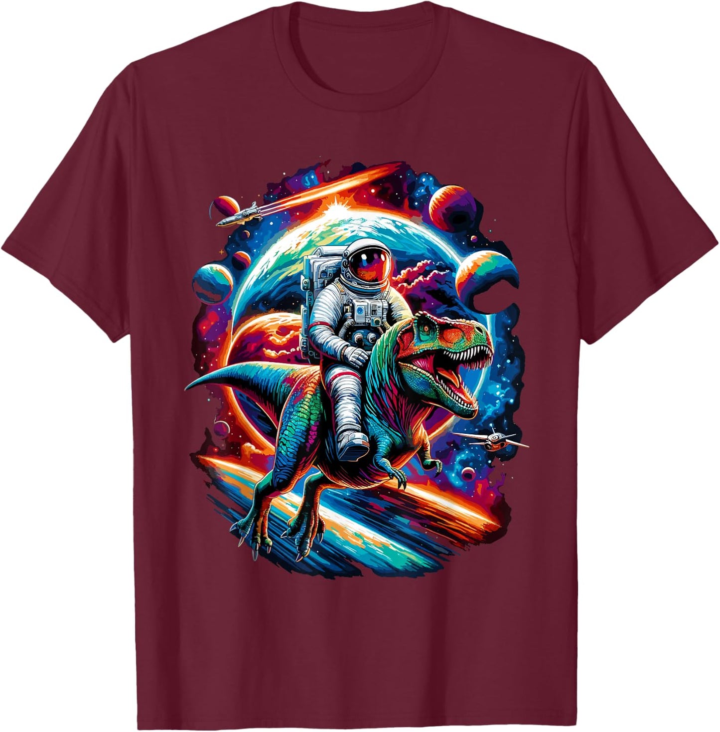 Astronaut Riding T-Rex Dinosaur Space T-Shirt - T-Shirt | Maroon