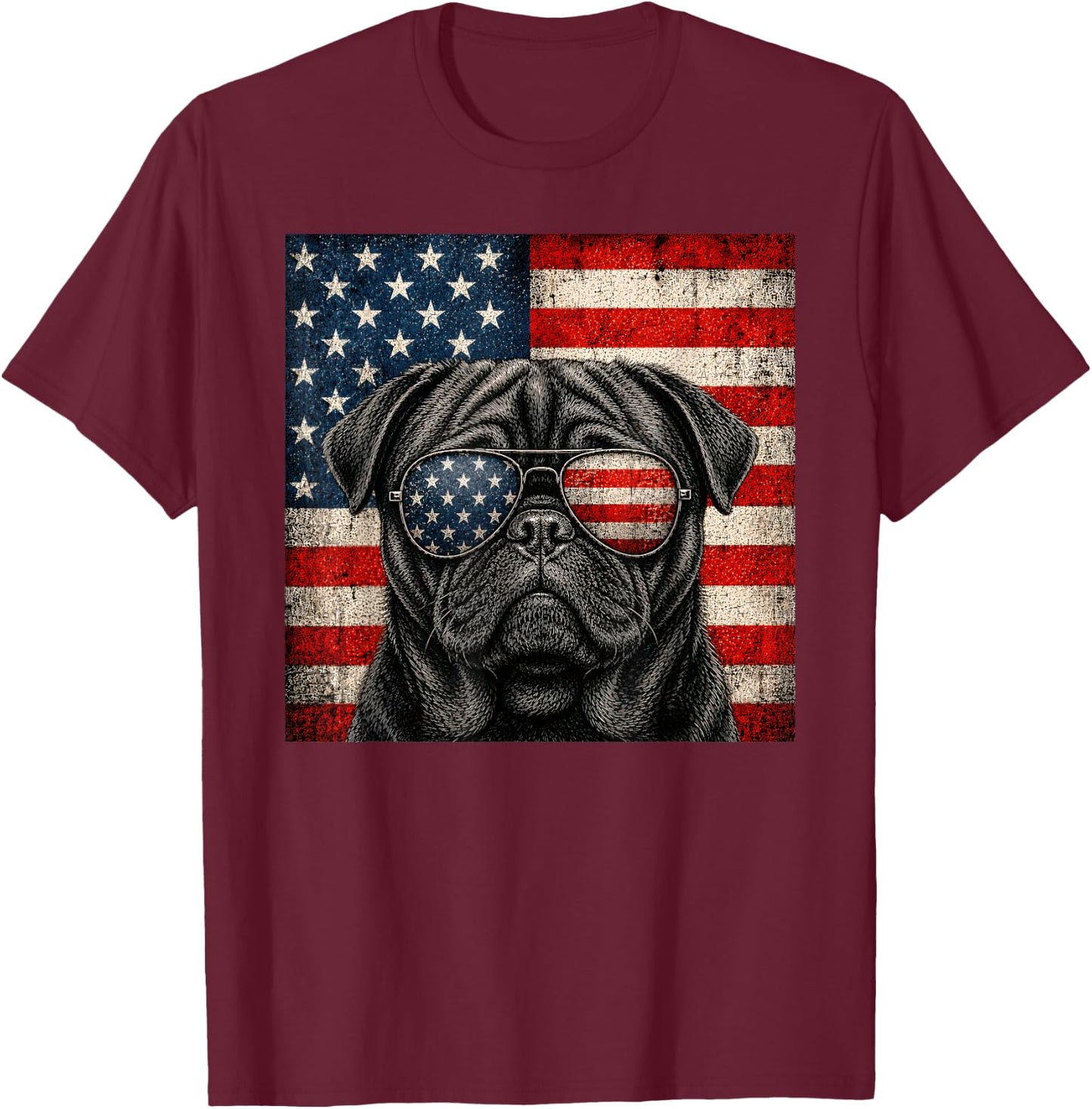 Black Pug 4th of July US American Flag Dog Patriotic T-Shirt - T-Shirt | Maroon