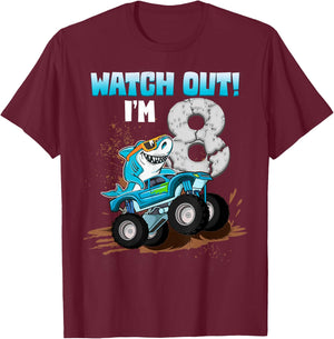 8 Years Old 8th Birthday Shark Boy Girl Monster Truck Gamer T-Shirt - T-Shirt | Maroon