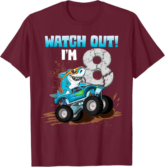8 Years Old 8th Birthday Shark Boy Girl Monster Truck Gamer T-Shirt - T-Shirt | Maroon