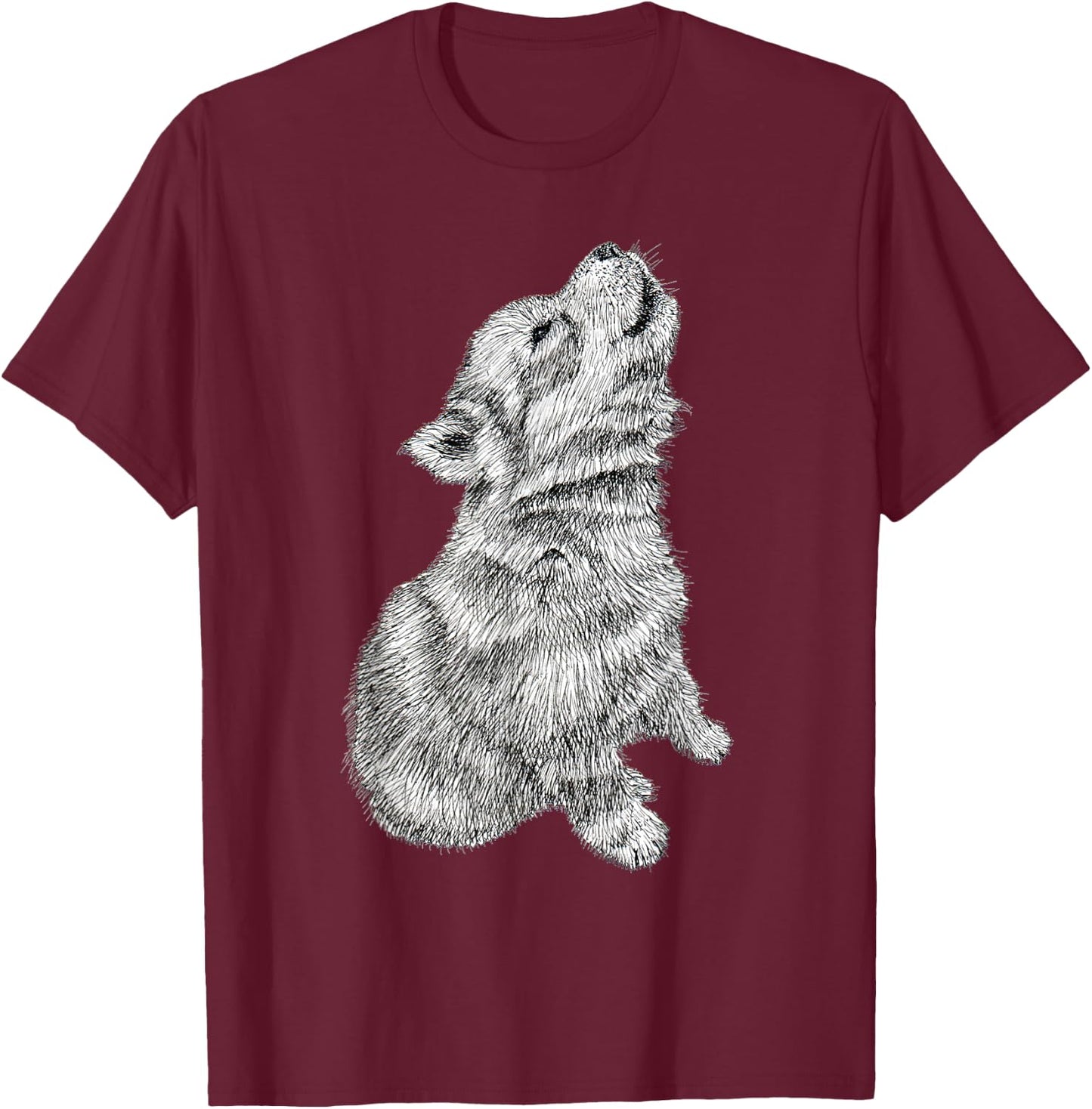 Cute Baby Howling Wolf Cub Sketch T-Shirt - T-Shirt | Maroon