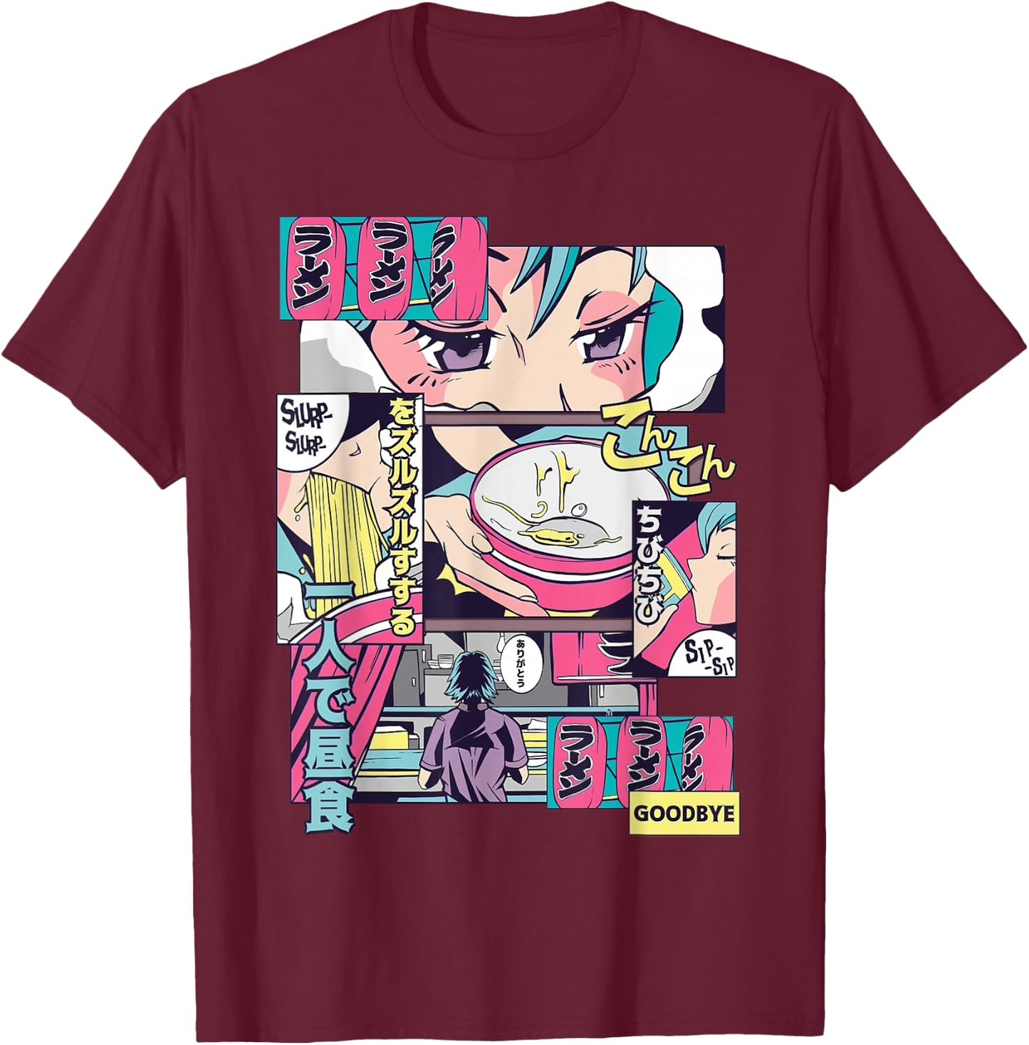 90s Japanese Vintage Kawaii Ramen Anime Manga Girl T-Shirt - T-Shirt | Maroon