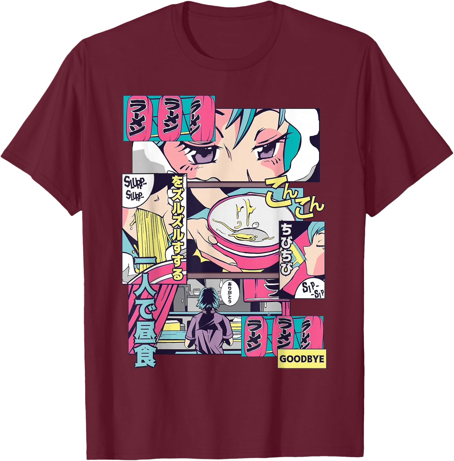 90s Japanese Vintage Kawaii Ramen Anime Manga Girl T-Shirt - T-Shirt | Maroon
