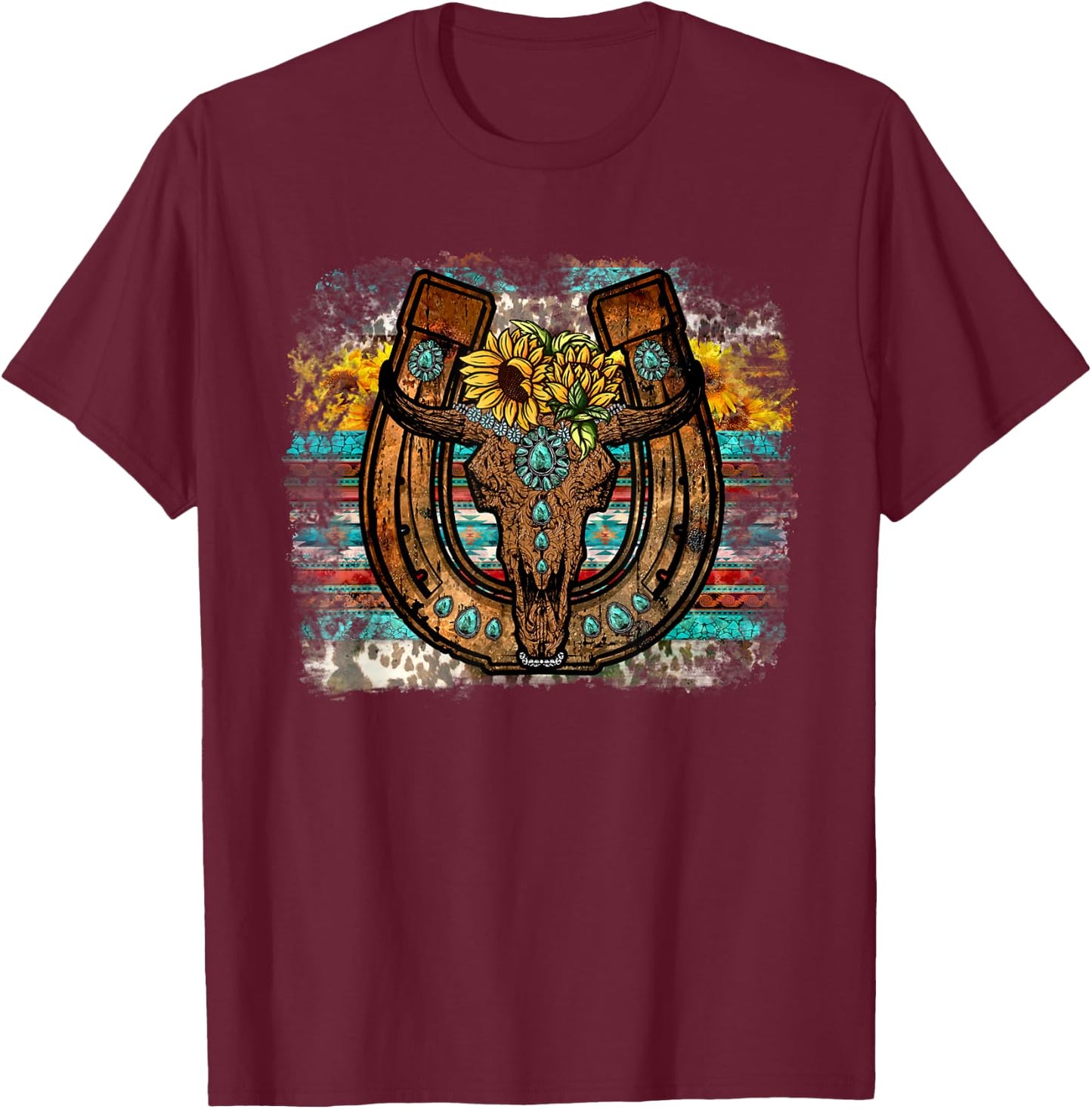 Cute Western Bull Sunflower Horseshoe Country Boho T-Shirt - T-Shirt | Maroon