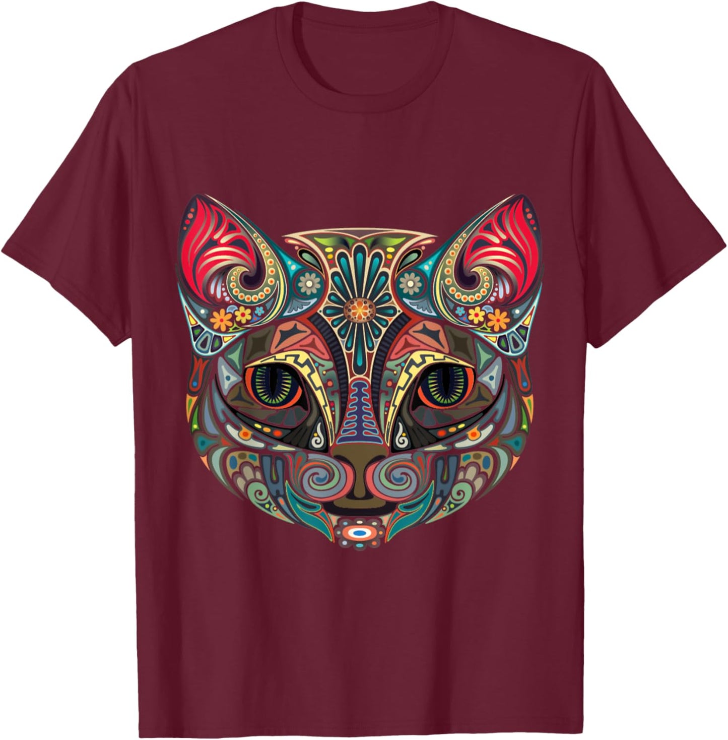 Sugar Skull Cat Day Of The Dead Cat Halloween Cinco De Mayo Men Women Kids T-Shirt - T-Shirt | Maroon