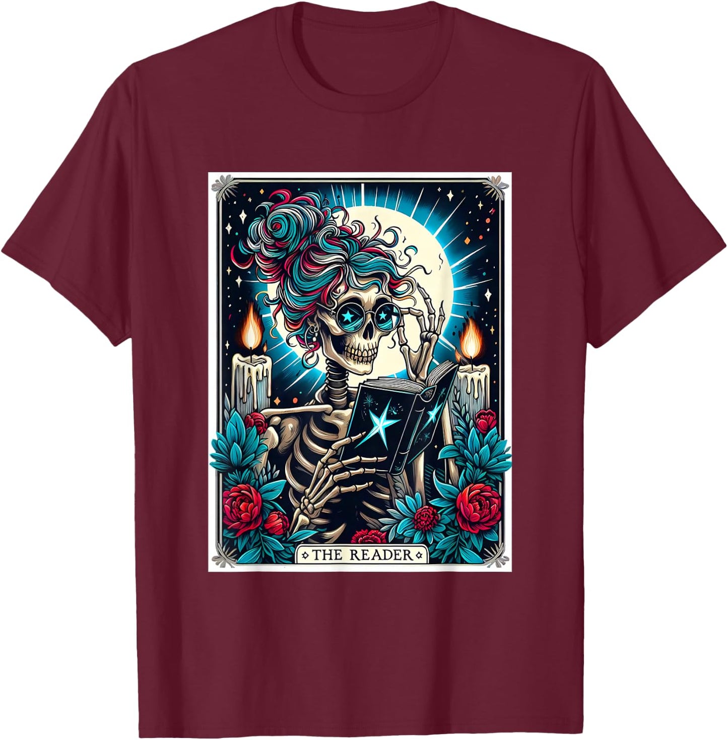 The Reader Tarot Card Funny Book Lover Skeleton Reading Book T-Shirt - T-Shirt | Maroon