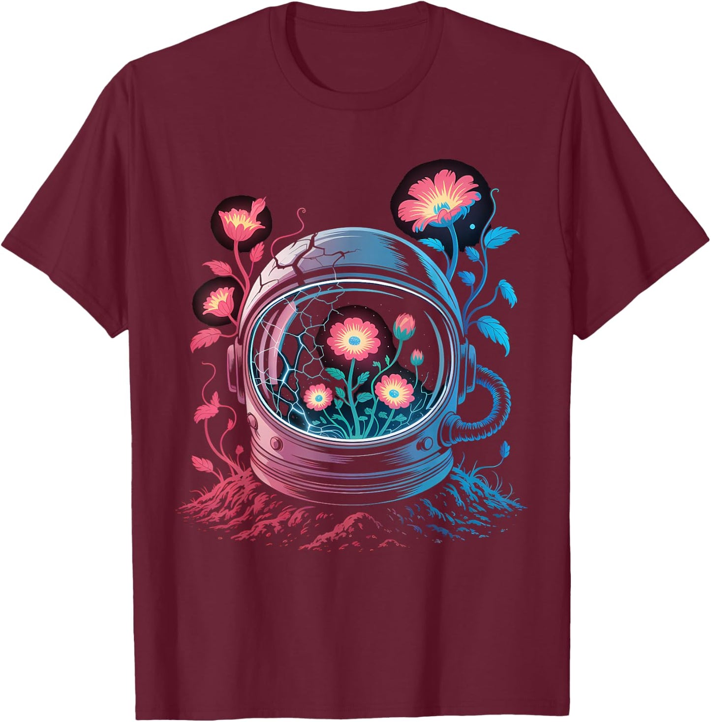 Astronaut Helmet Flowers Space Bloom Art T-Shirt - T-Shirt | Maroon